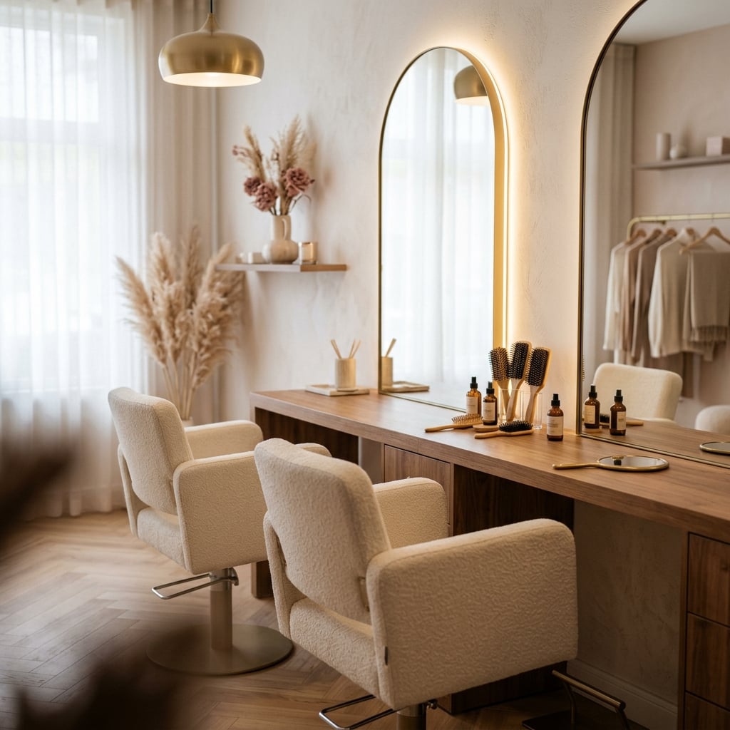 Interior acolhedor do Salão Tininha — cadeiras estofadas em creme em frente a espelhos iluminados, bancada organizada com produtos e flores secas ao fundo